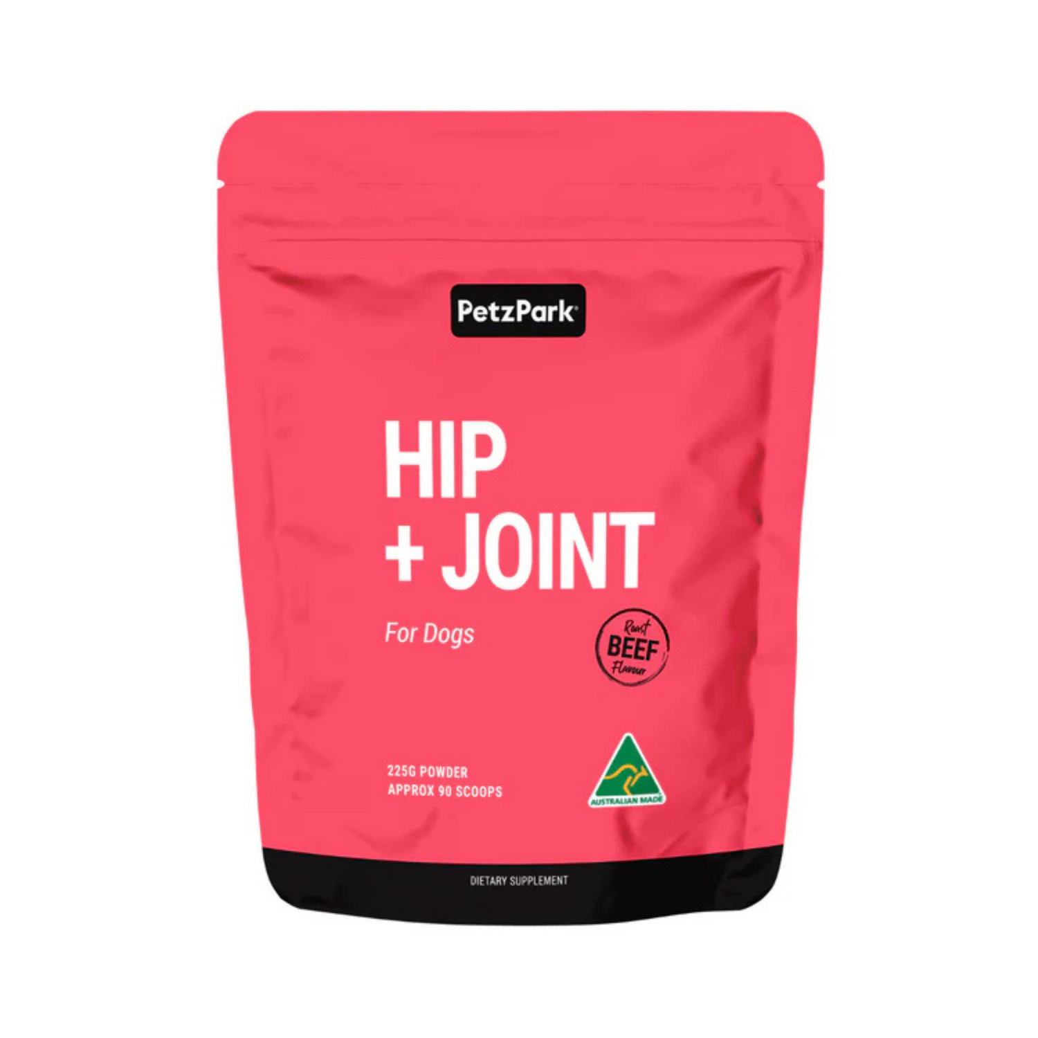 Pink package of PetzPark Hip + Joint supplement for dogs on a white background