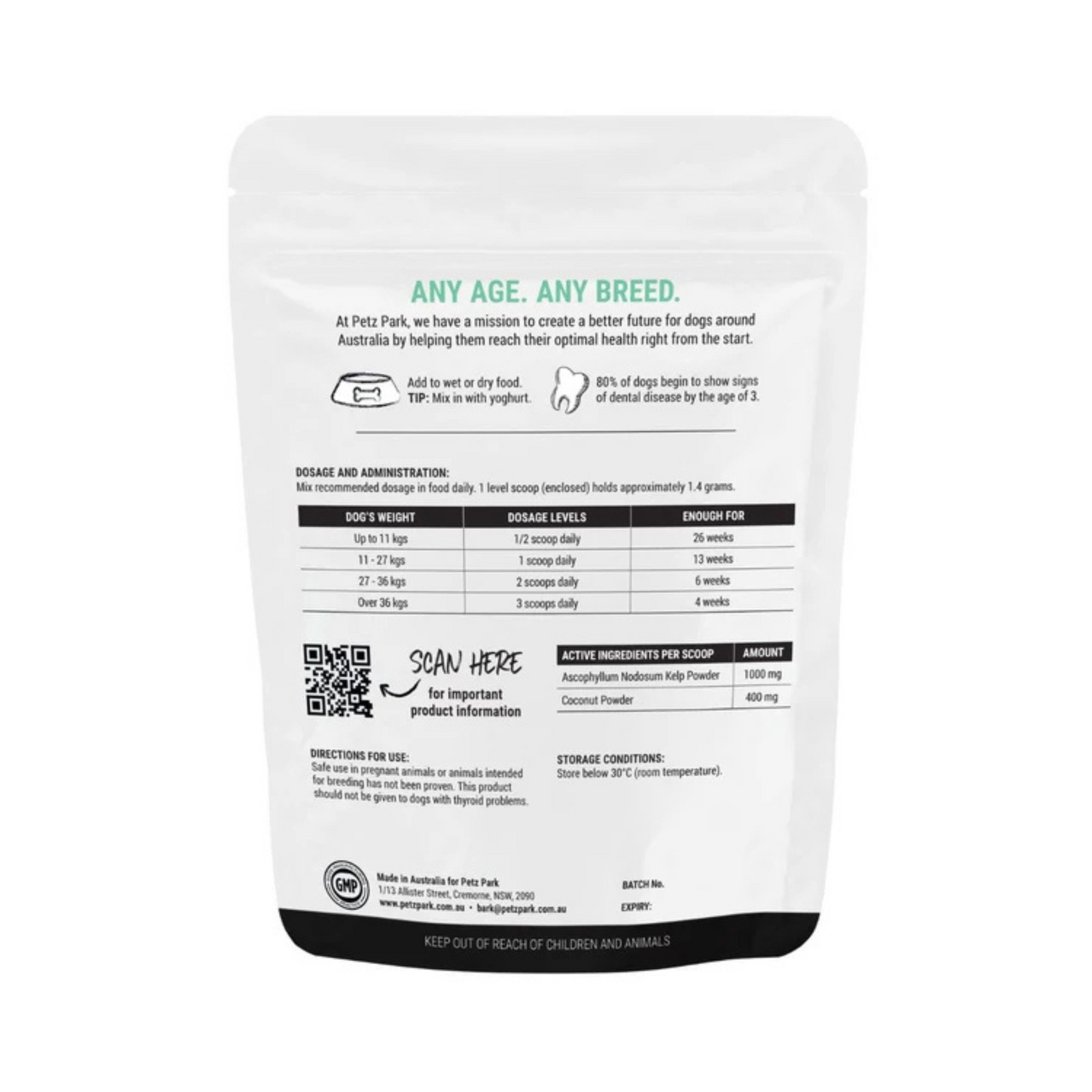 Dog supplement package with label on a white background