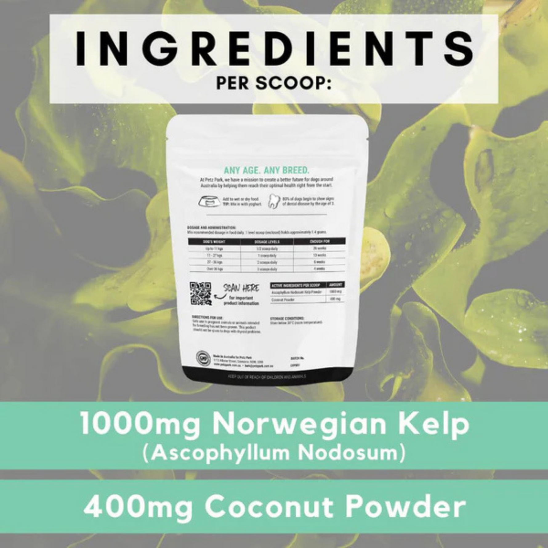 dog supplement package with ingredients listed on a green and gray background