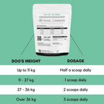 Dog food packaging with dosage chart on a green background