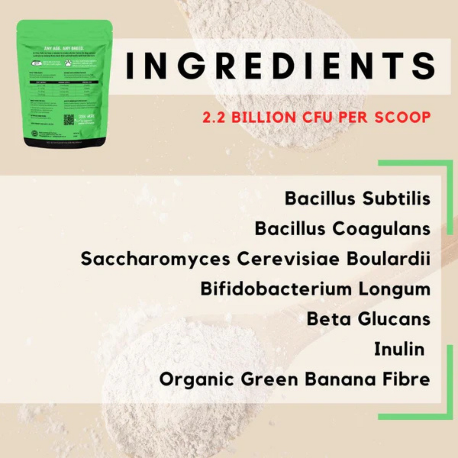 Ingredients list of a supplement with a green packaging on a beige background