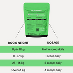Green dog food packaging with dosage chart on a white background