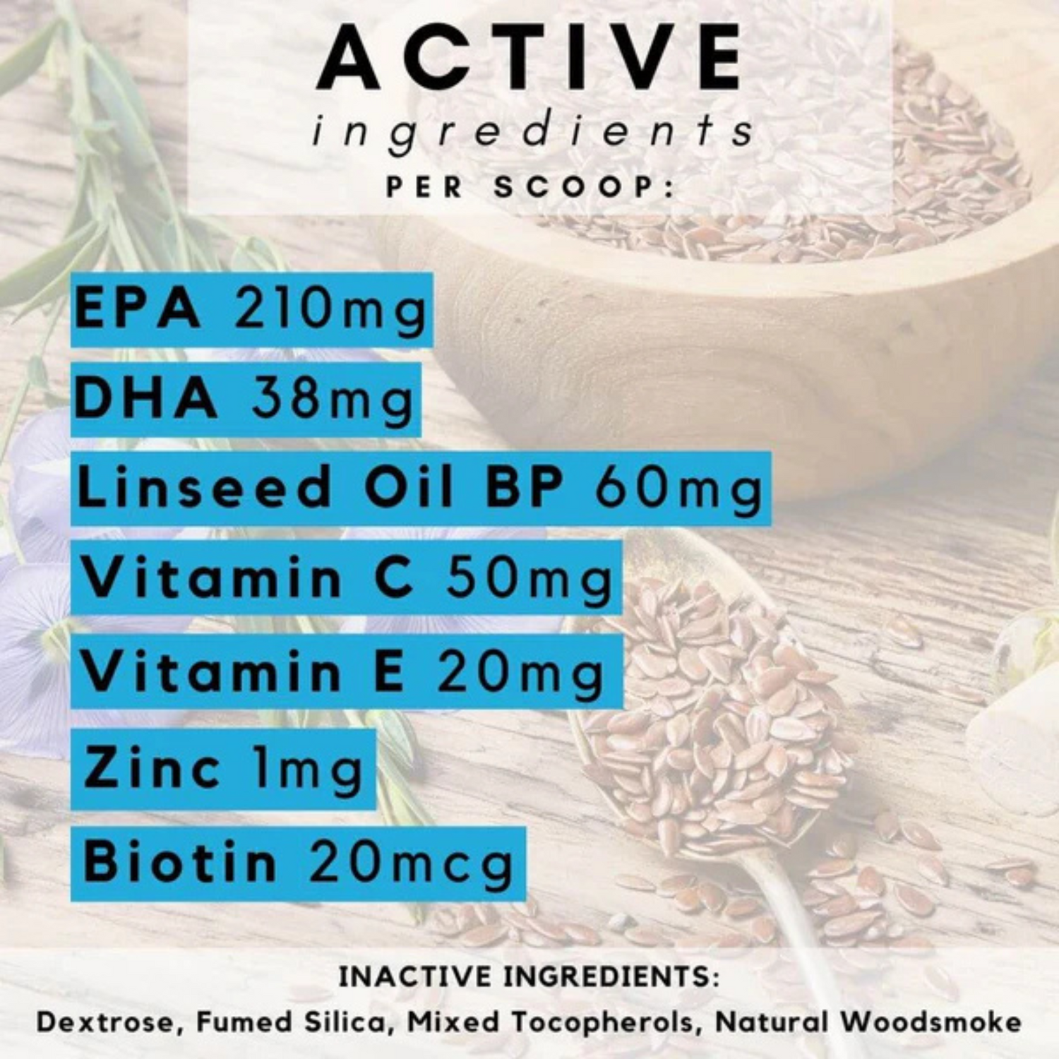 Nutritional supplement with active ingredients listed on a blurred natural background