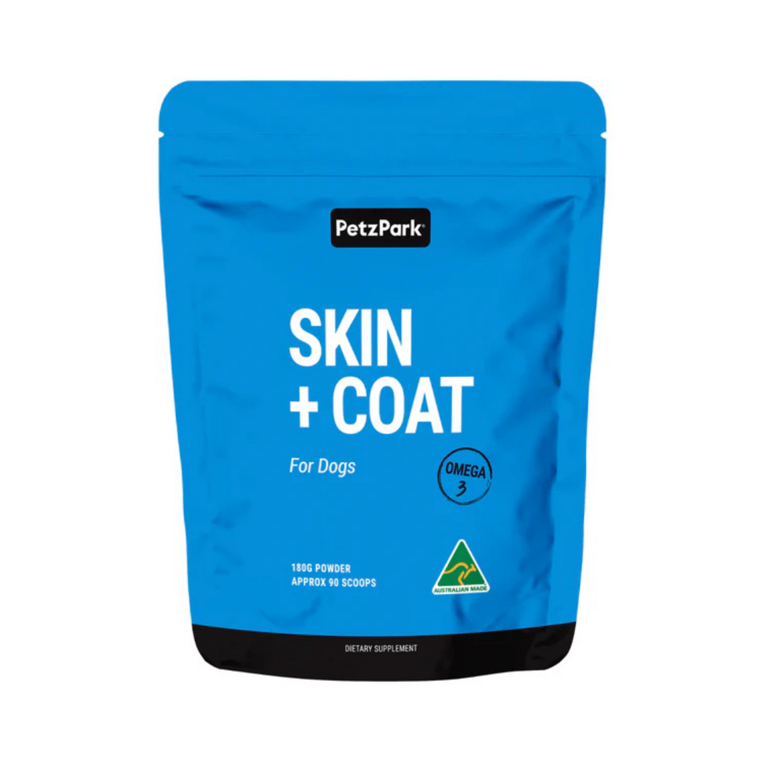 Blue package of PetzPark Skin + Coat supplement for dogs on a white background