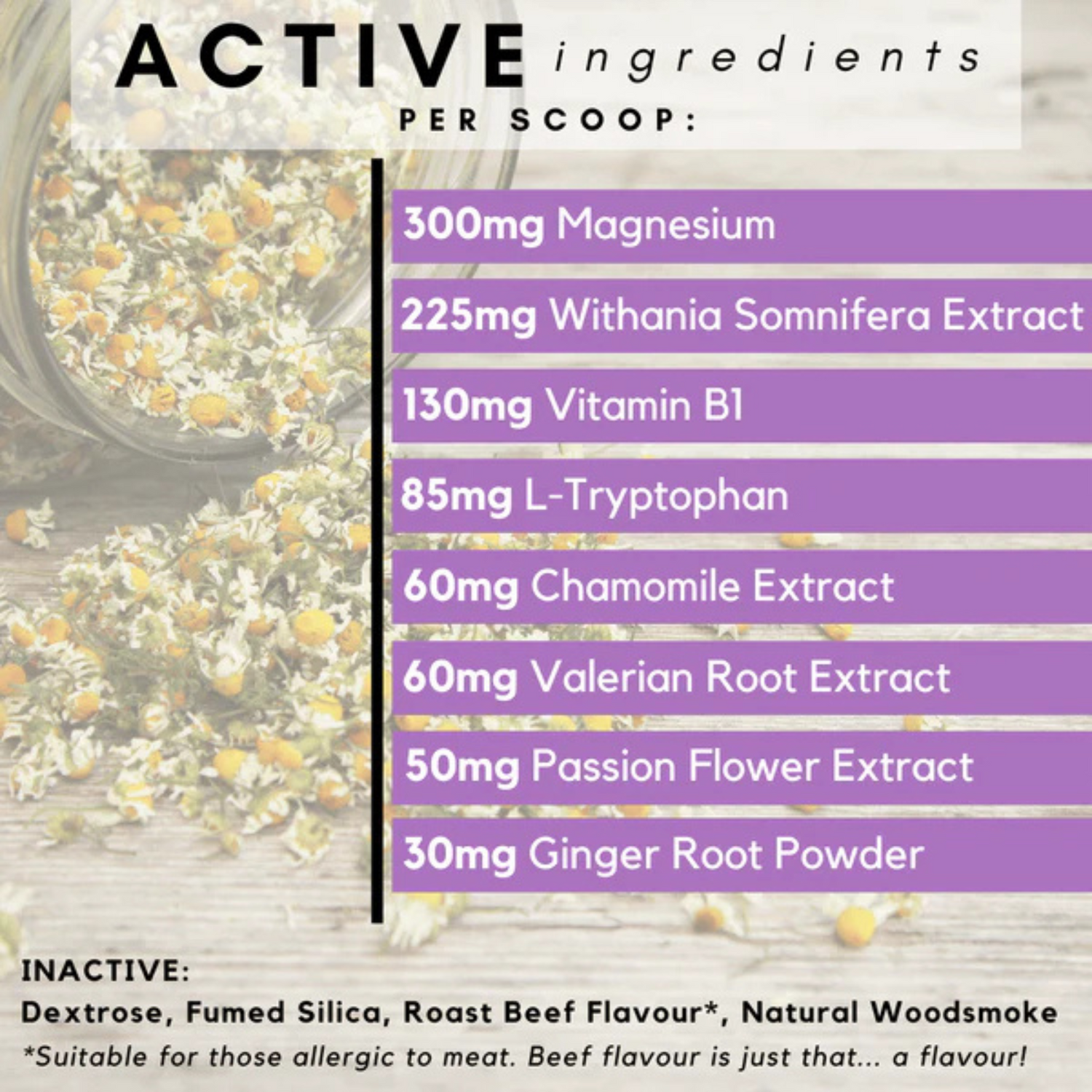 List of active ingredients per scoop with a background of dried herbs.
