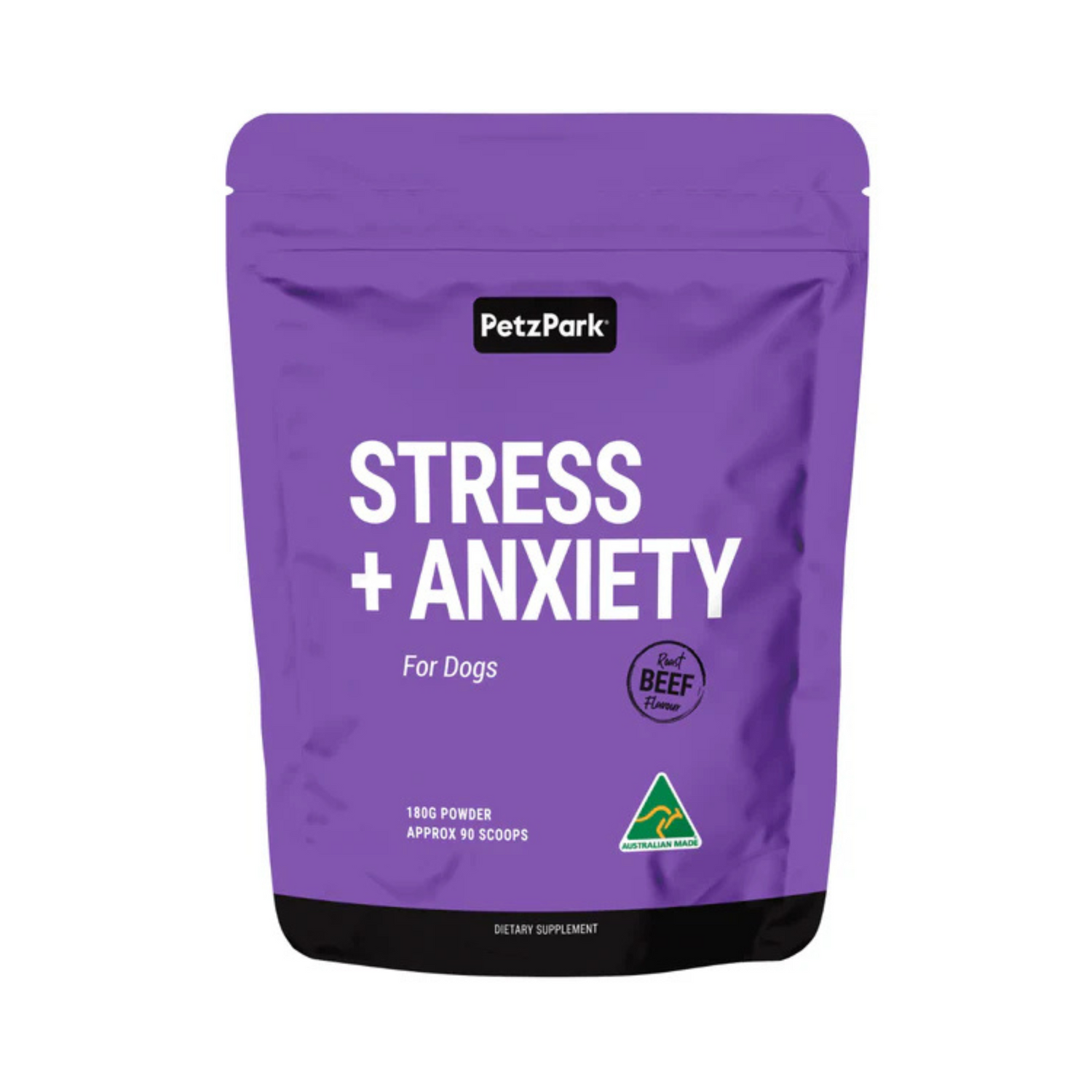 Purple package for dogs with 'Stress + Anxiety' text and PetzPark branding.