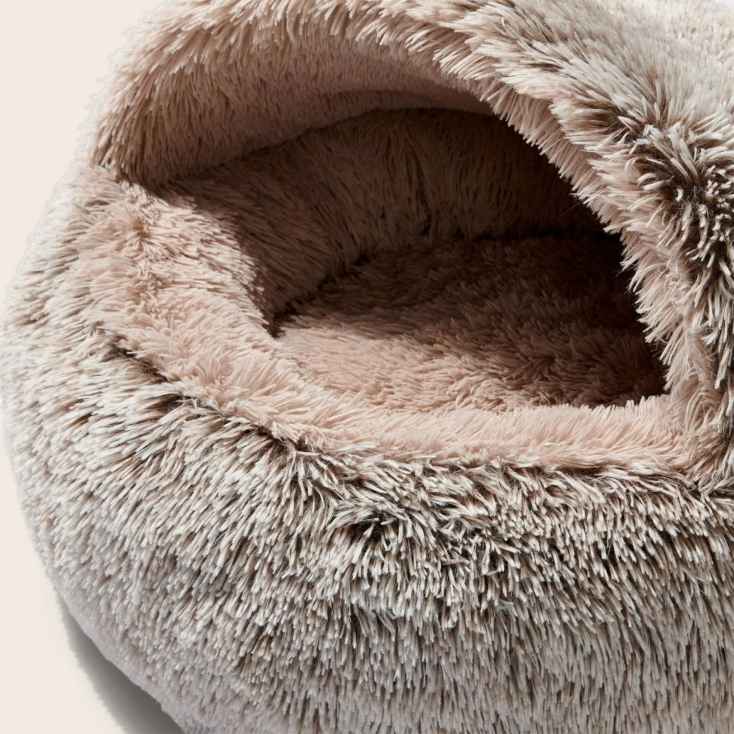 Close-up of a fluffy pet bed with a soft texture.