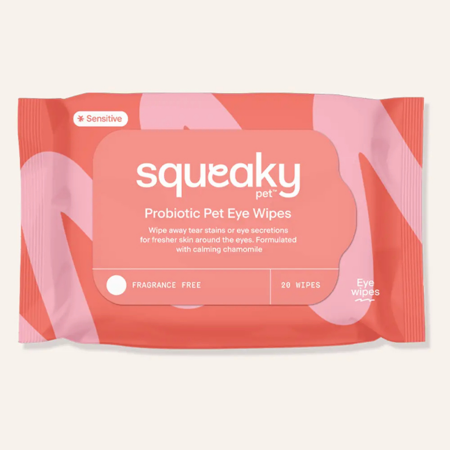 Package of Squeaky Pet Probiotic Pet Eye Wipes on a light gray background