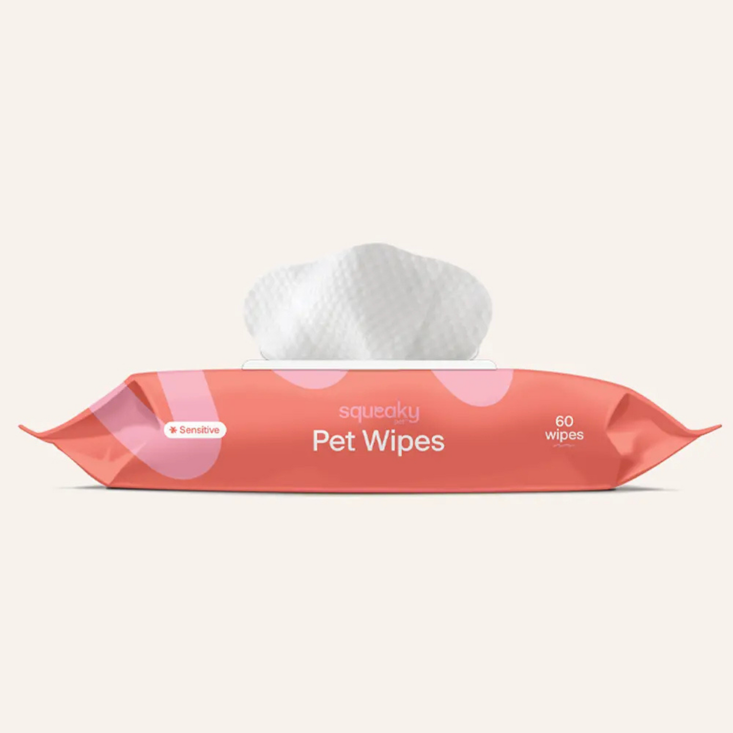 Package of Squeaky Pet Wipes on a light beige background