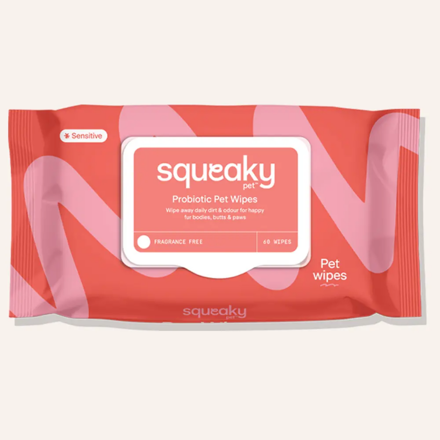 Pack of Squeaky Probiotic Pet Wipes on a white background