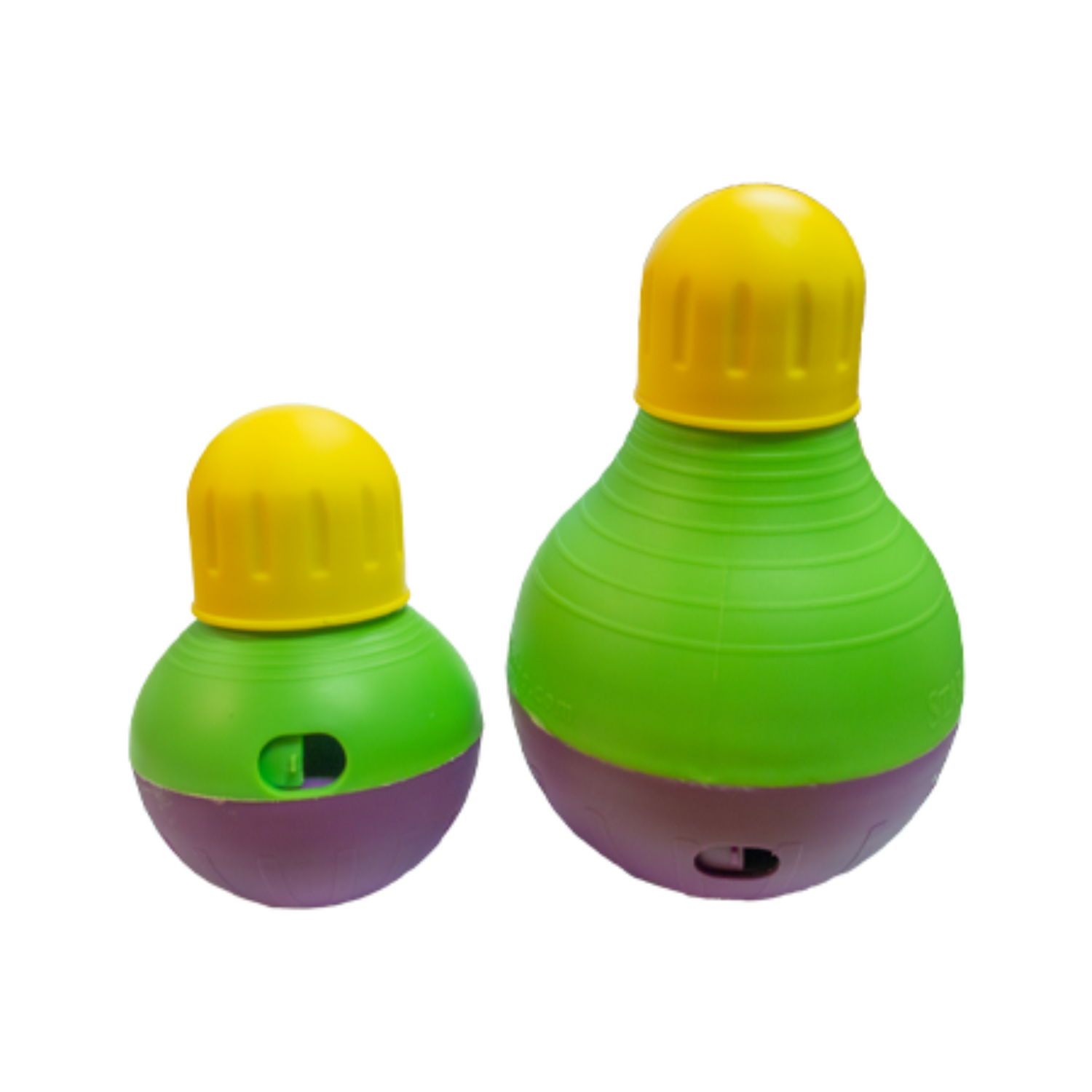 Two green and purple plastic dog toys with yellow lids on a white background