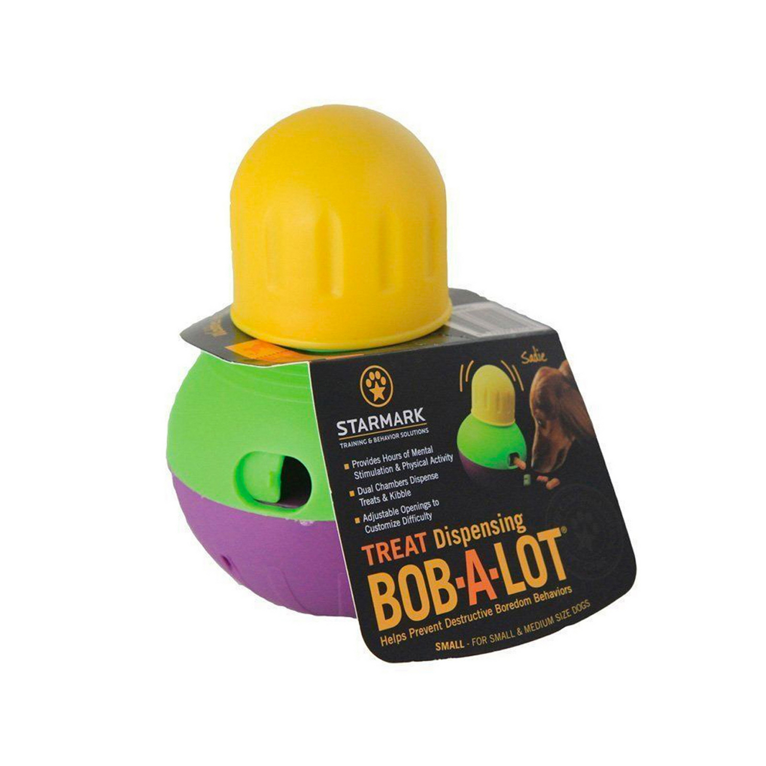 Colorful dog toy with a yellow top, green middle, and purple bottom, branded as Starmark Treat Dispensing Bob-A-Lot on a white background.