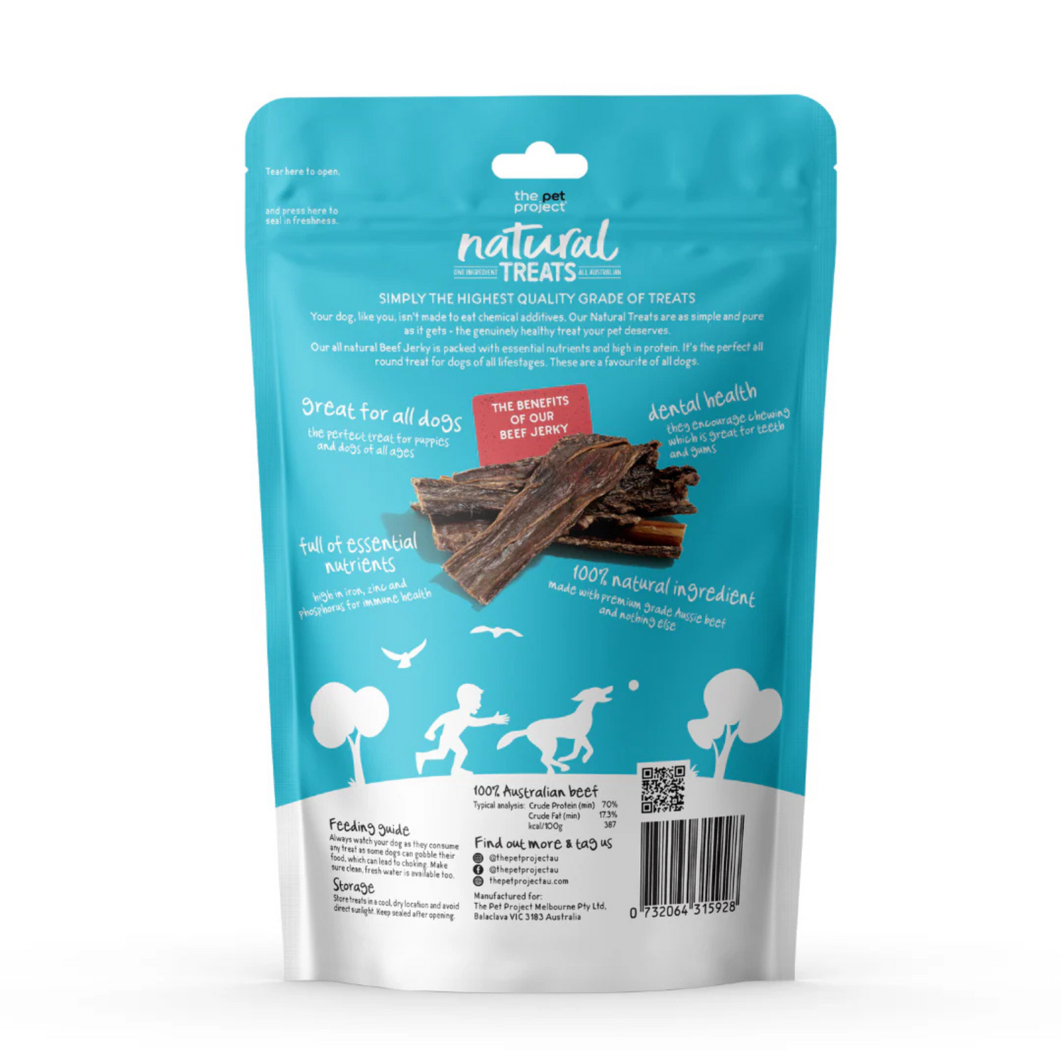 Package of natural dog treats with blue and white design