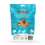 Package of natural carob chip cookies for dogs with blue and white design.