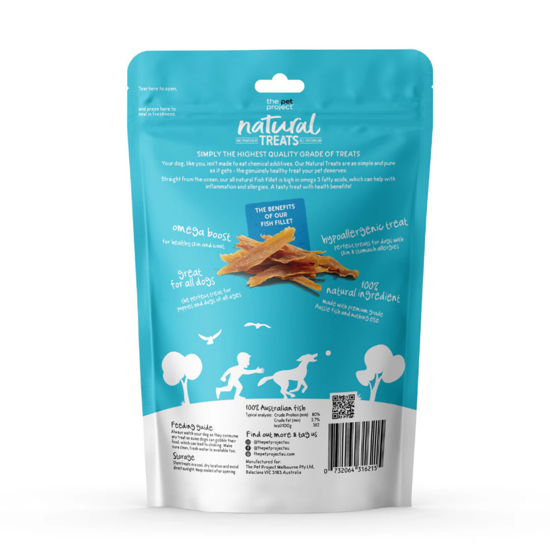 Blue package of natural dog treats with text and images on a white background