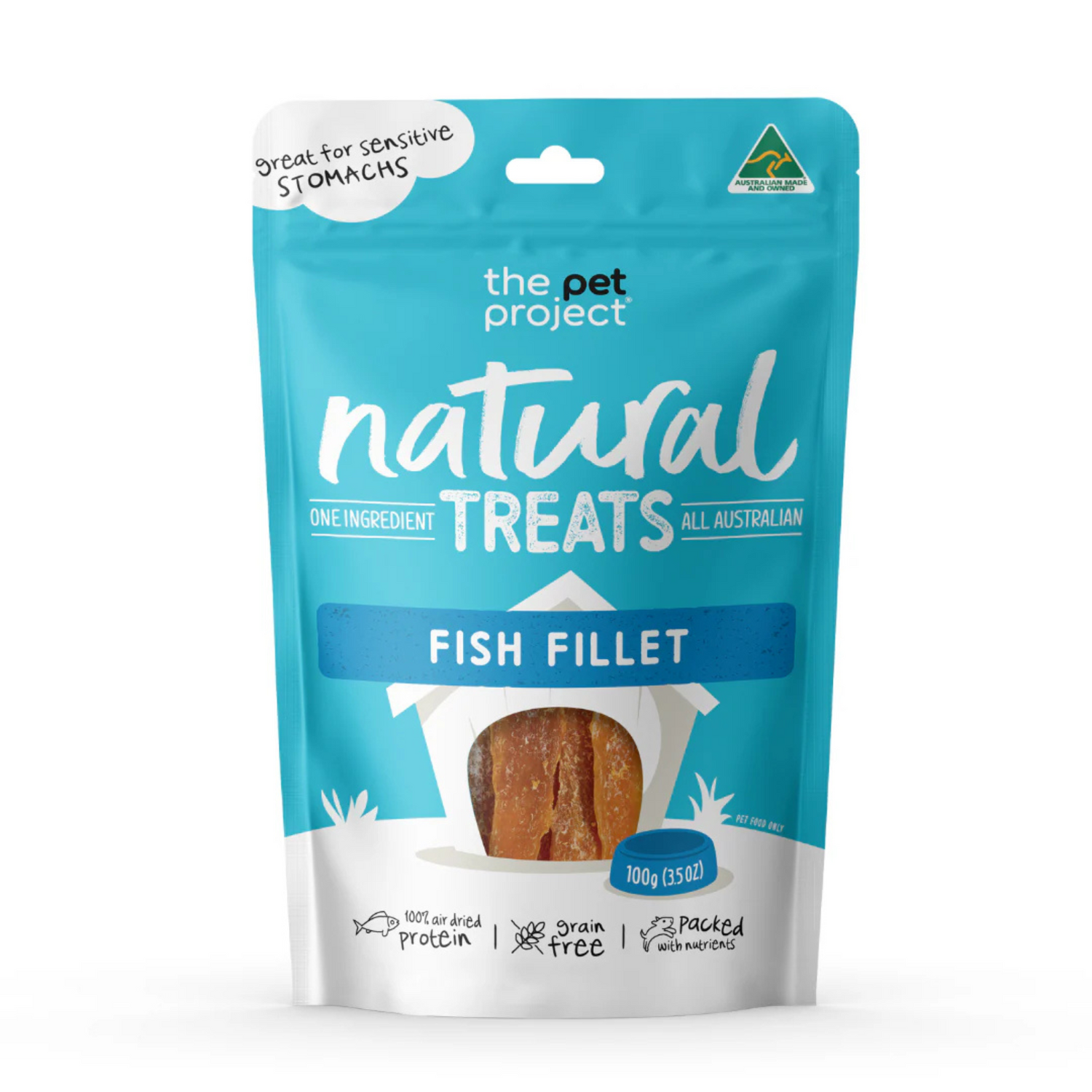 Package of 'The Pet Project' natural treats for fish fillet on a white background