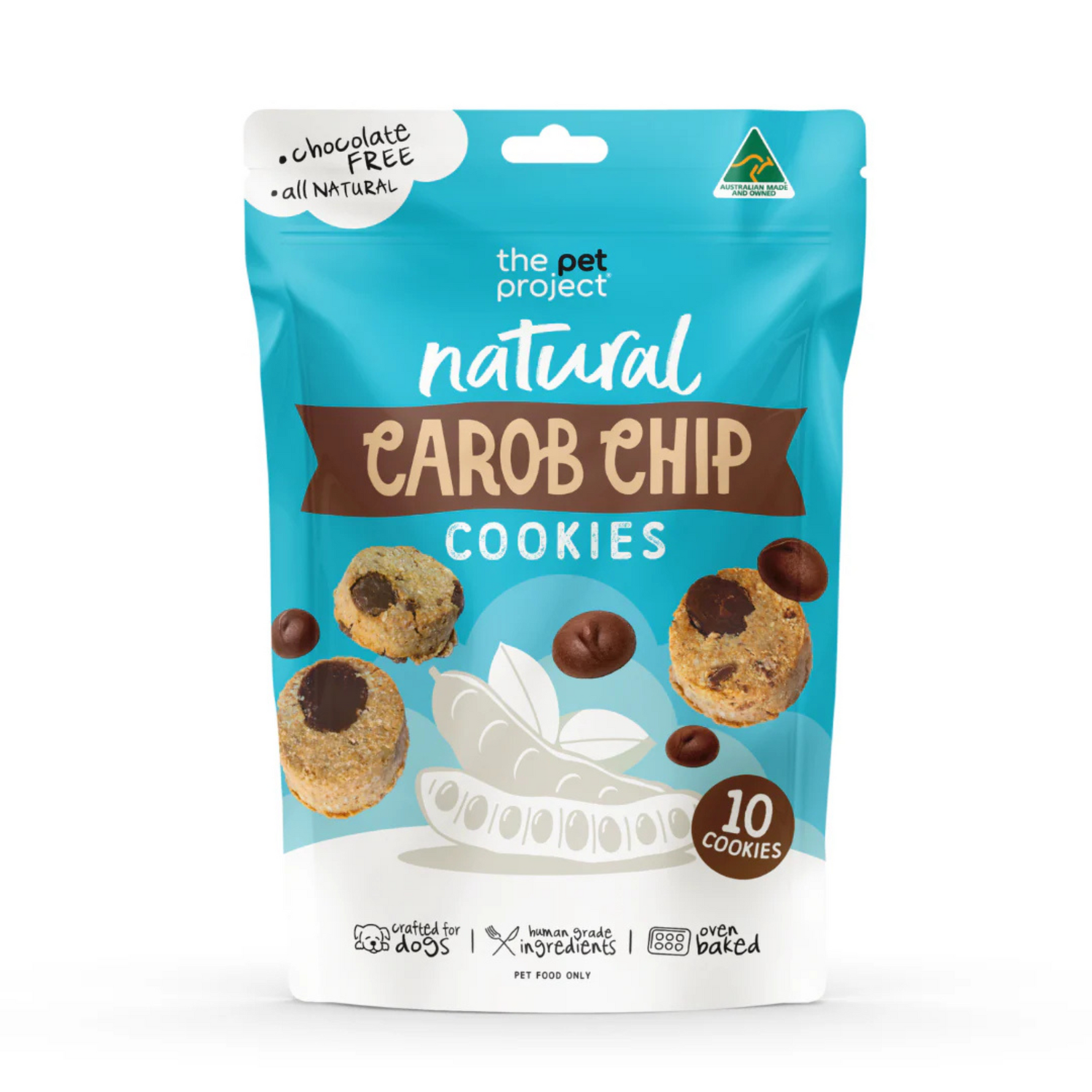 Package of 'The Pet Project' natural carob chip cookies on a white background