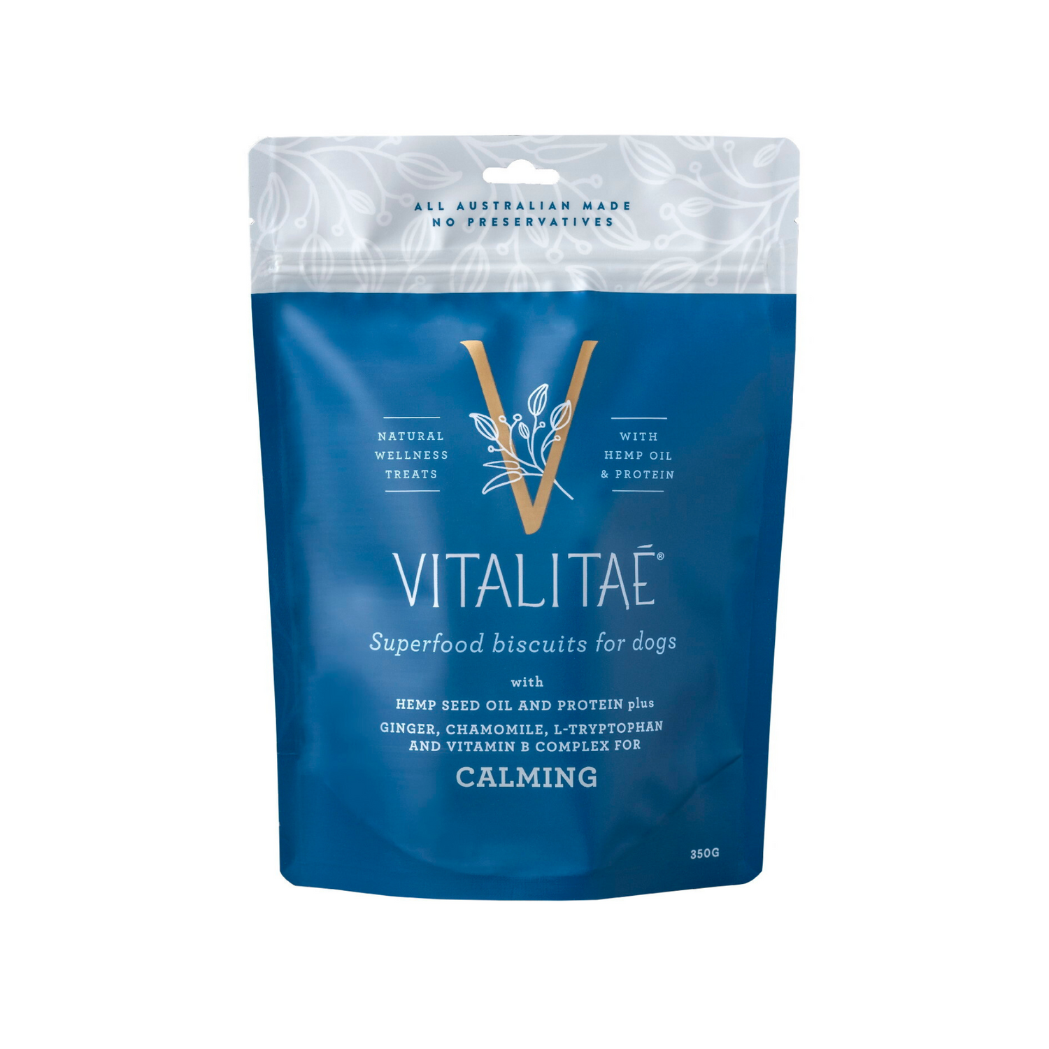 Blue package of Vitalitae superfood biscuits for dogs on a white background