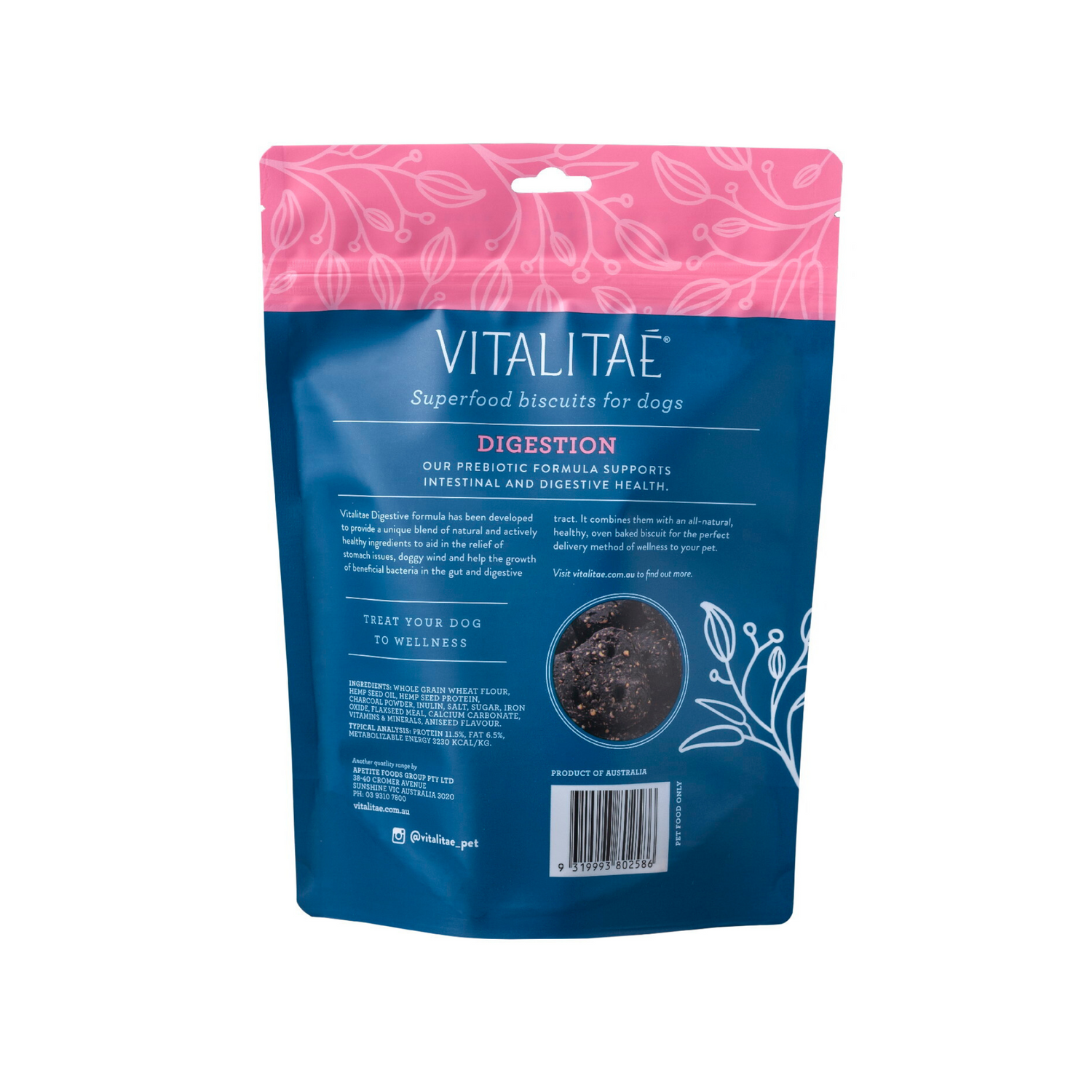 Vitalitae dog biscuit package with pink and blue design on a white background