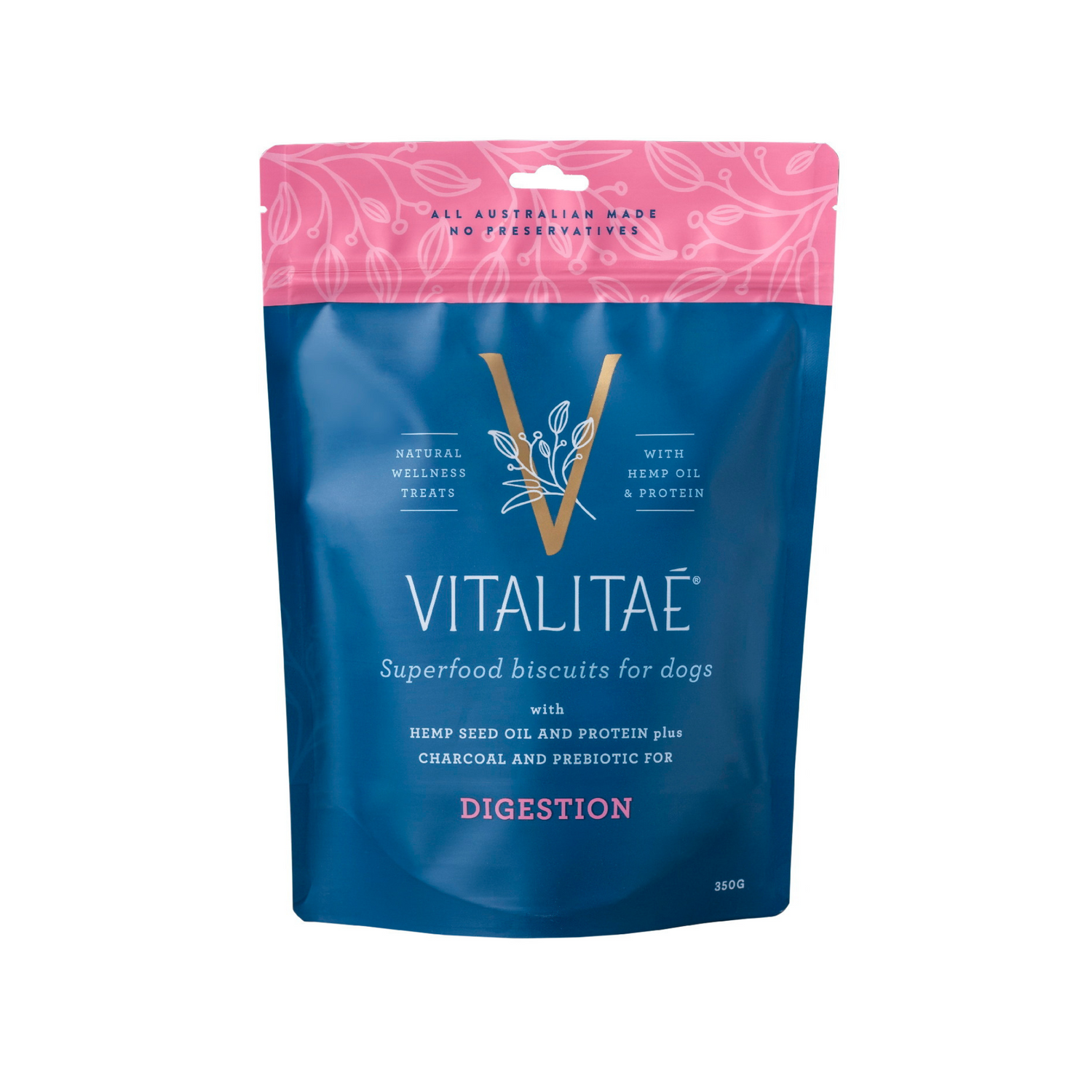 Vitalitae dog biscuit package with blue and pink design on a white background