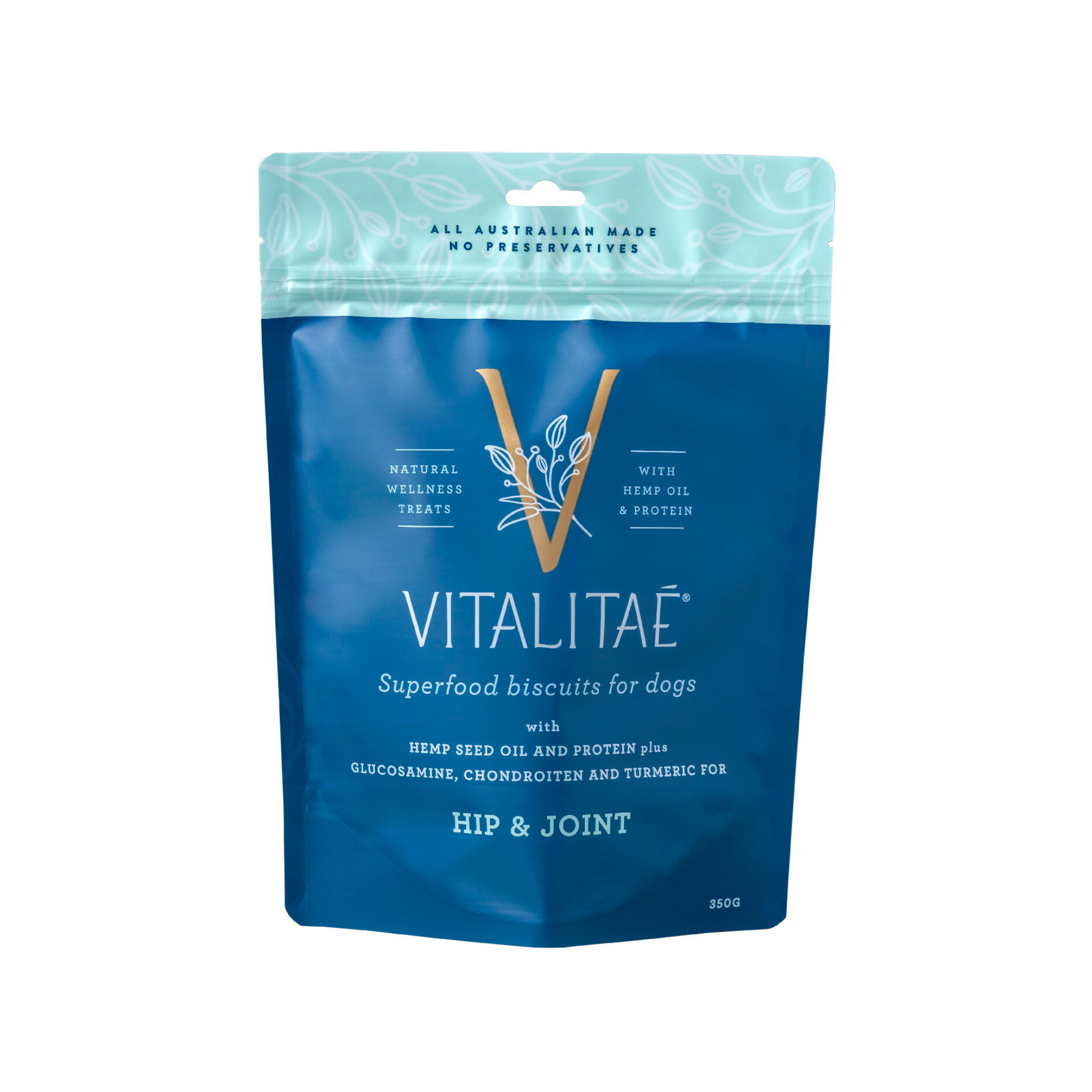 Blue package of Vitalitae superfood biscuits for dogs on a white background