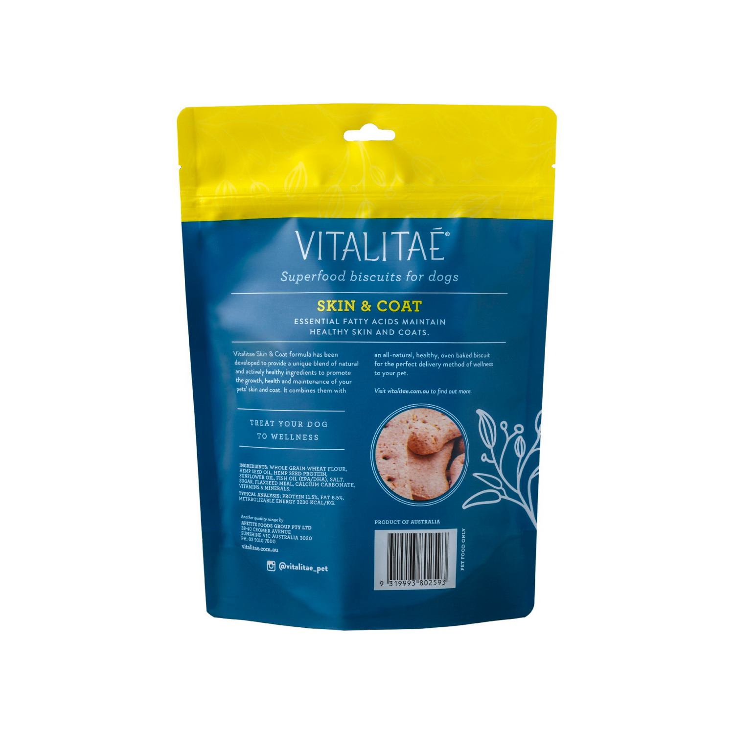 Vitalitae dog biscuit package with yellow top and blue back on a white background