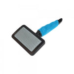 Pet grooming brush with black and blue handle on a white background