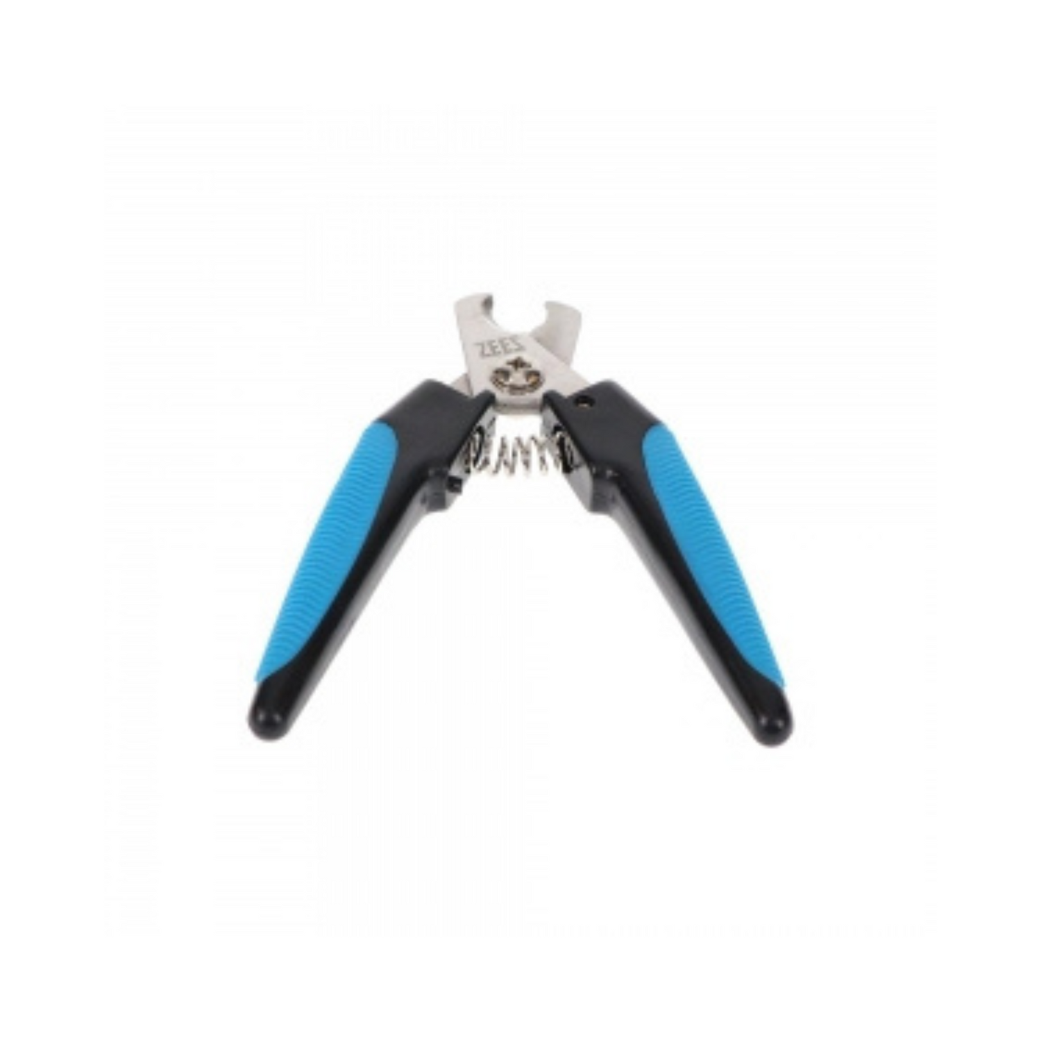 Pet nail clipper with blue and black handles on a white background