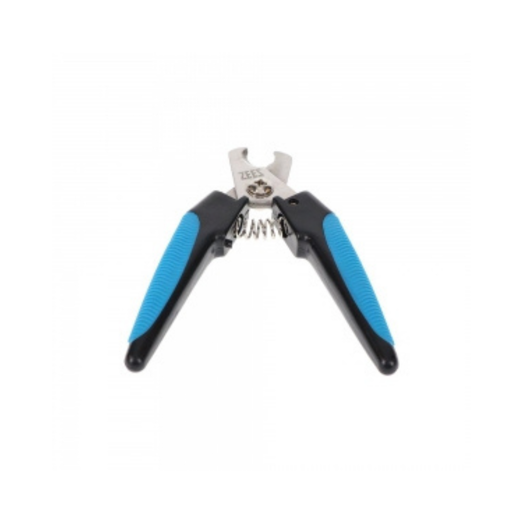Pet nail clipper with blue and black handles on a white background