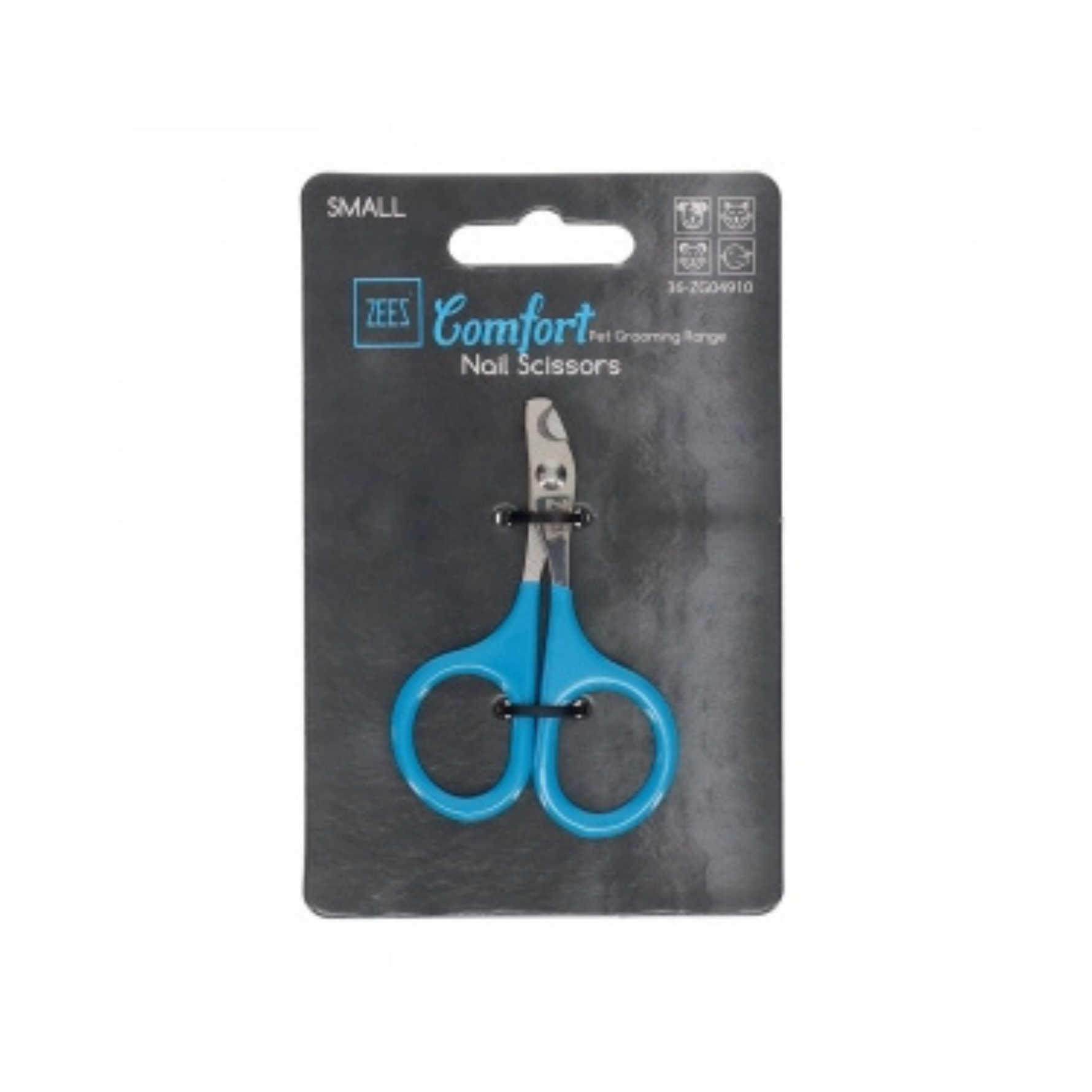 Blue dog nail scissors in packaging with 'Zees Comfort' branding on a white background