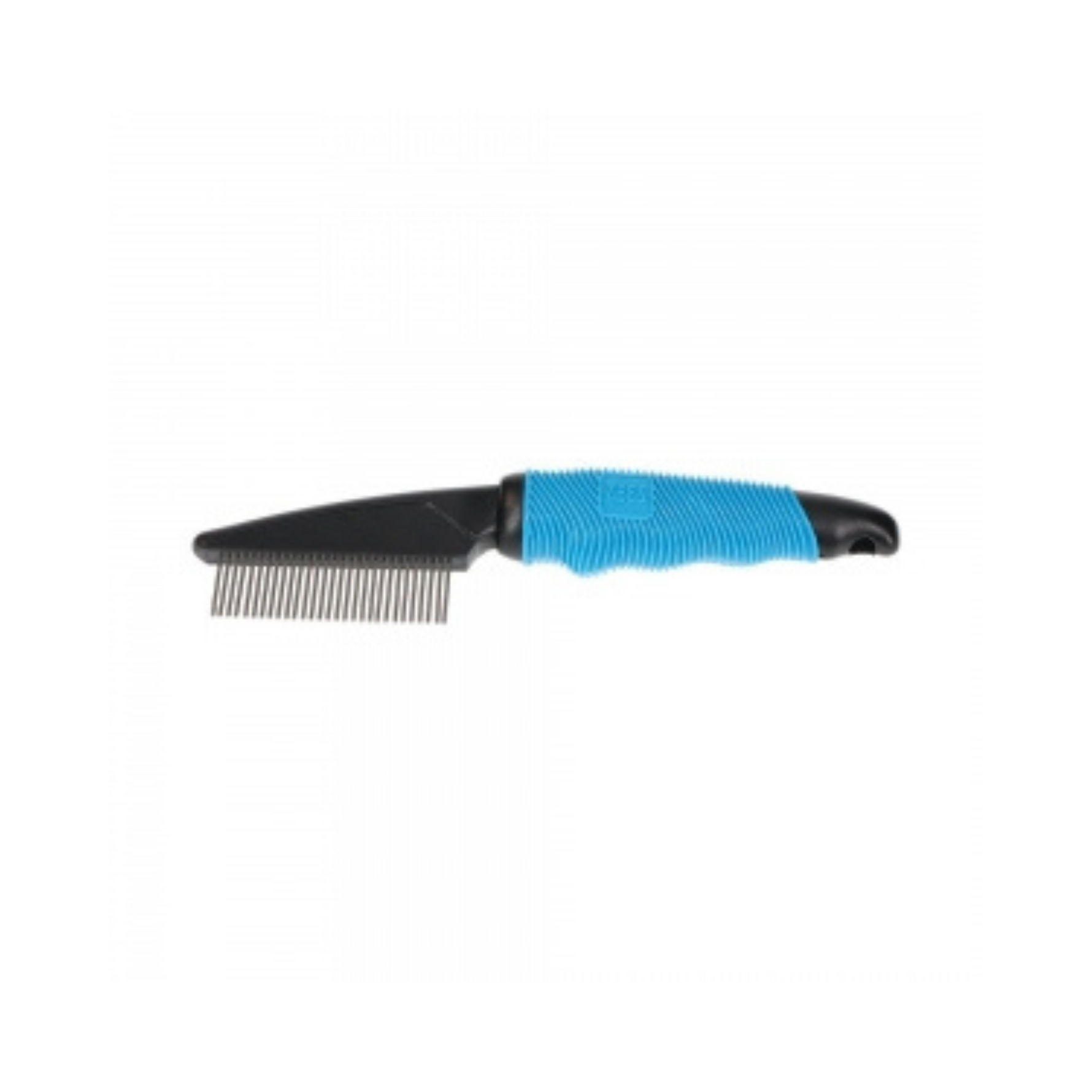 Pet grooming comb with blue handle on a white background