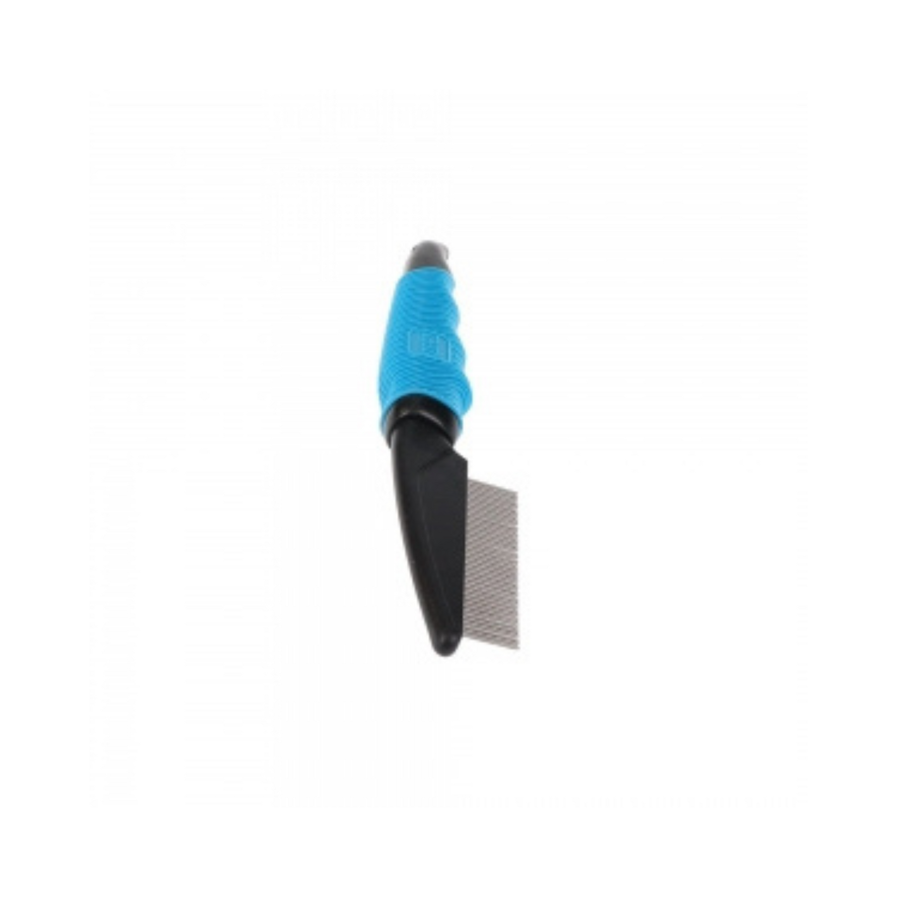 Pet grooming tool with blue handle and comb on a white background