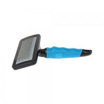 Pet grooming brush with black and blue handle on a white background