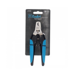 Pet nail clipper with blue handles on a black packaging background