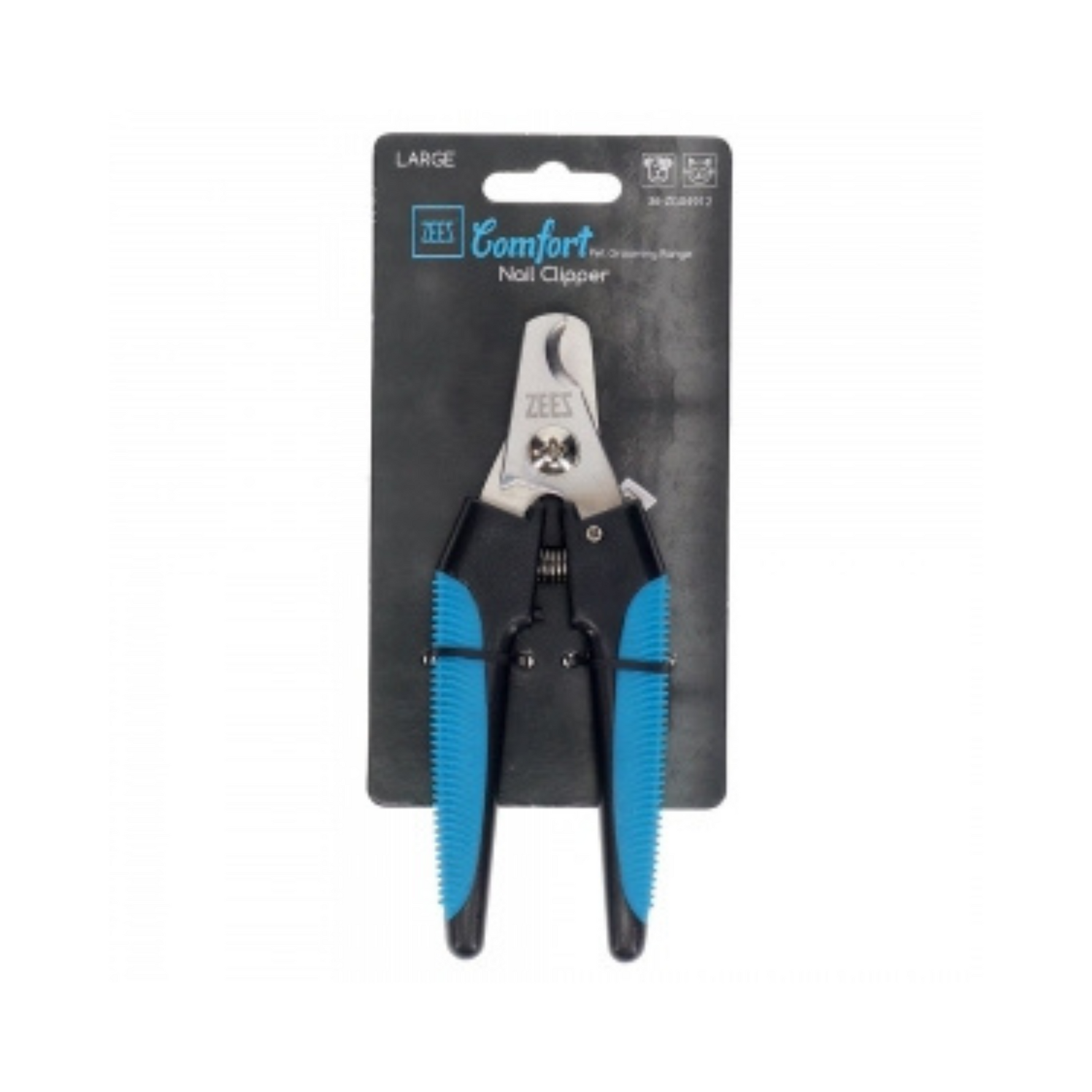 Pet nail clipper with blue handles on a black packaging background