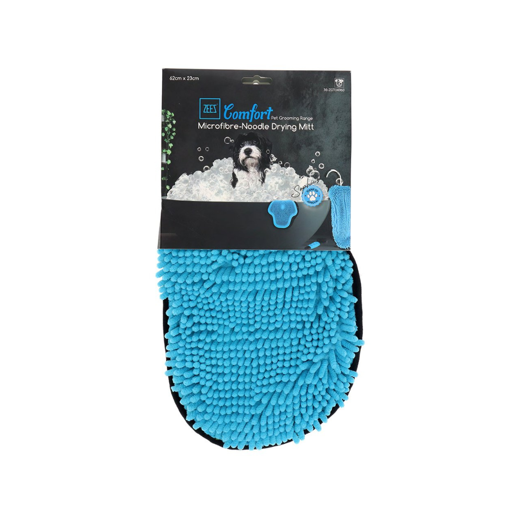 Blue microfiber drying mitt with packaging on a white background